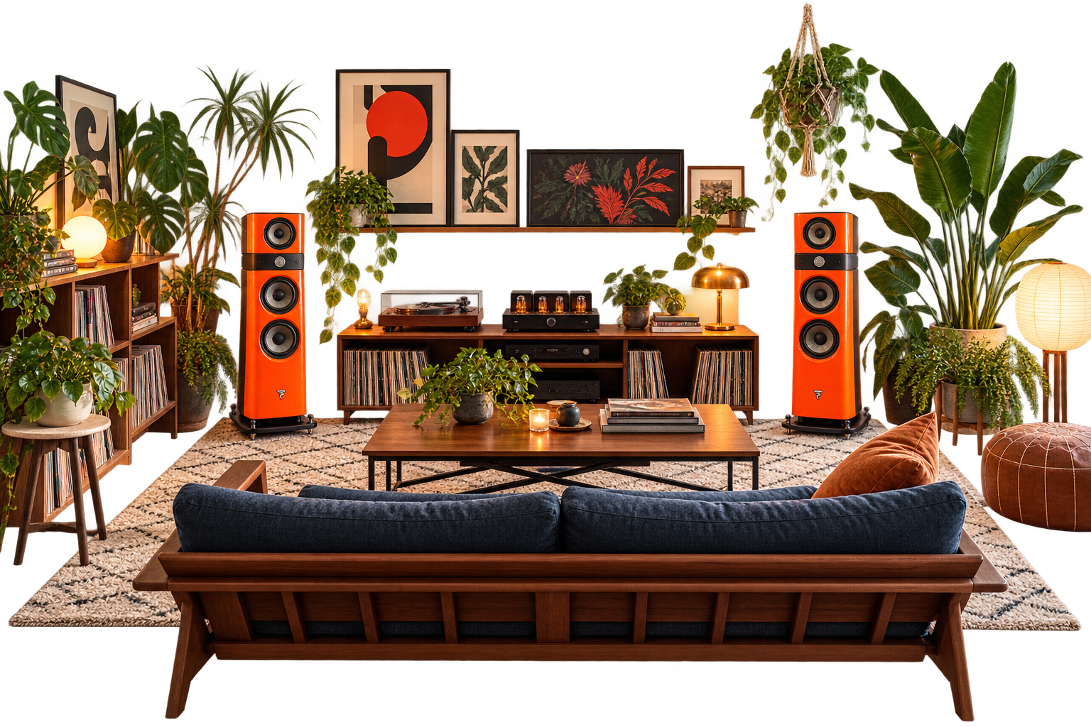 Listening-room concept with orange Focal speakers, a turntable, records, and plants